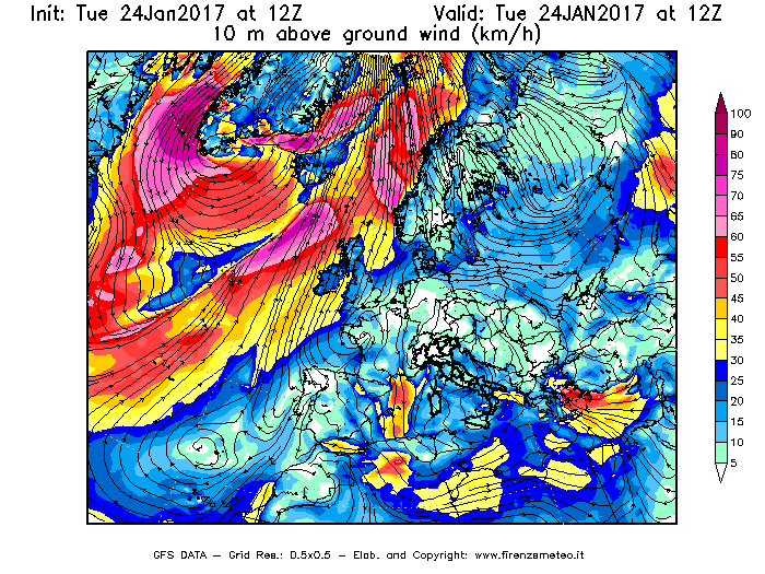Mappa di analisi GFS - Velocità del vento a 10 metri dal suolo [km/h] in Europa
							del 24/01/2017 12 <!--googleoff: index-->UTC<!--googleon: index-->