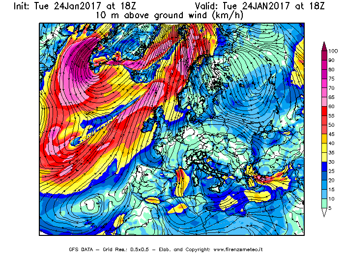 Mappa di analisi GFS - Velocità del vento a 10 metri dal suolo [km/h] in Europa
							del 24/01/2017 18 <!--googleoff: index-->UTC<!--googleon: index-->