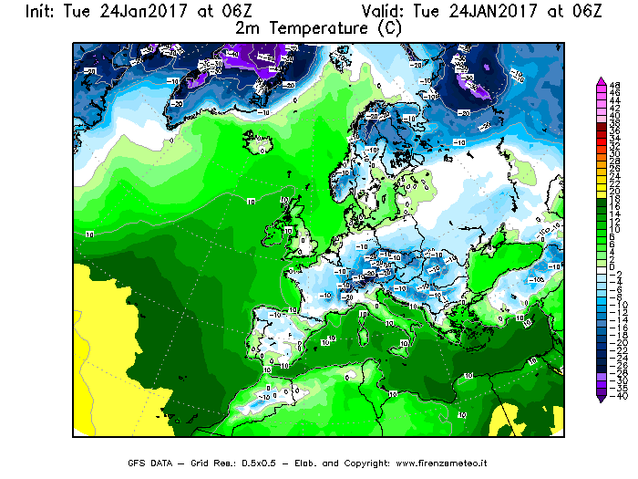 Mappa di analisi GFS - Temperatura a 2 metri dal suolo [°C] in Europa
							del 24/01/2017 06 <!--googleoff: index-->UTC<!--googleon: index-->