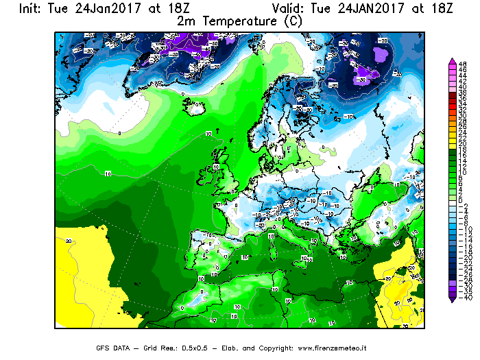 Mappa di analisi GFS - Temperatura a 2 metri dal suolo [°C] in Europa
							del 24/01/2017 18 <!--googleoff: index-->UTC<!--googleon: index-->