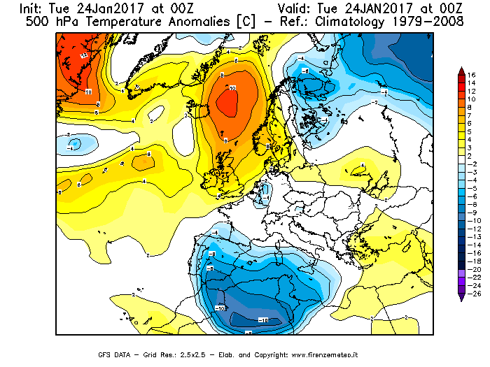 Mappa di analisi GFS - Anomalia Temperatura [°C] a 500 hPa in Europa
									del 24/01/2017 00 <!--googleoff: index-->UTC<!--googleon: index-->