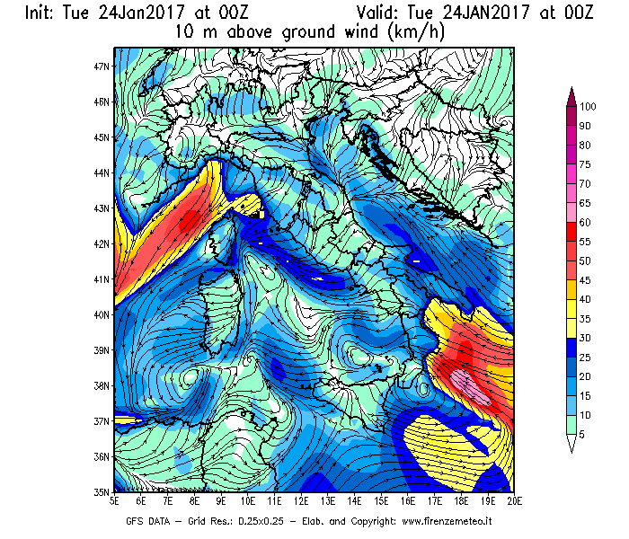 Mappa di analisi GFS - Velocità del vento a 10 metri dal suolo [km/h] in Italia
									del 24/01/2017 00 <!--googleoff: index-->UTC<!--googleon: index-->