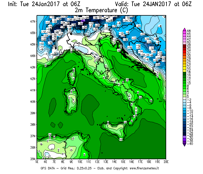 Mappa di analisi GFS - Temperatura a 2 metri dal suolo [°C] in Italia
									del 24/01/2017 06 <!--googleoff: index-->UTC<!--googleon: index-->