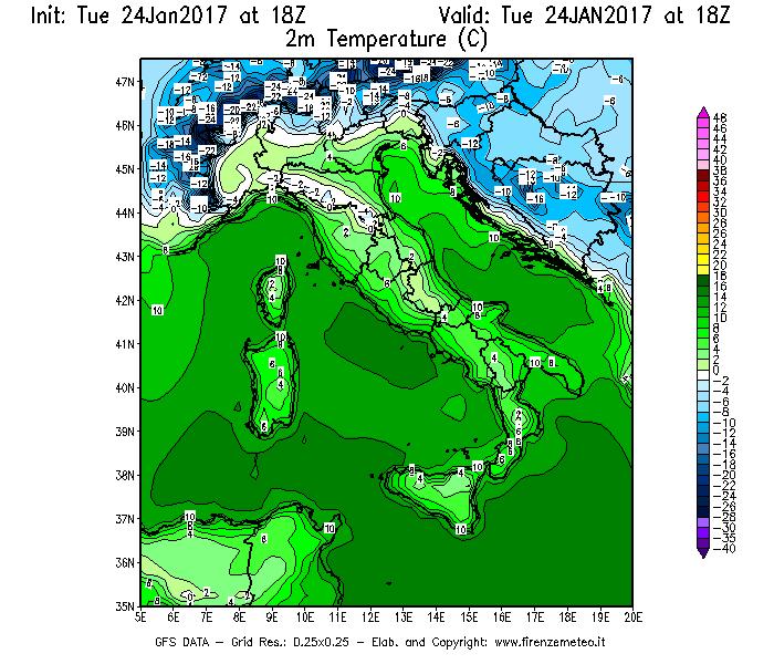 Mappa di analisi GFS - Temperatura a 2 metri dal suolo [°C] in Italia
							del 24/01/2017 18 <!--googleoff: index-->UTC<!--googleon: index-->