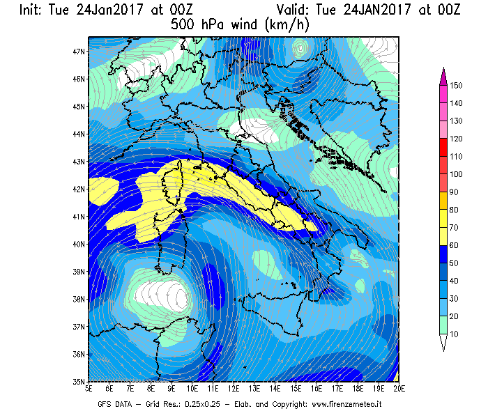 Mappa di analisi GFS - Velocità del vento a 500 hPa [km/h] in Italia
							del 24/01/2017 00 <!--googleoff: index-->UTC<!--googleon: index-->