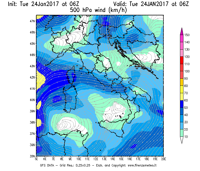 Mappa di analisi GFS - Velocità del vento a 500 hPa [km/h] in Italia
									del 24/01/2017 06 <!--googleoff: index-->UTC<!--googleon: index-->