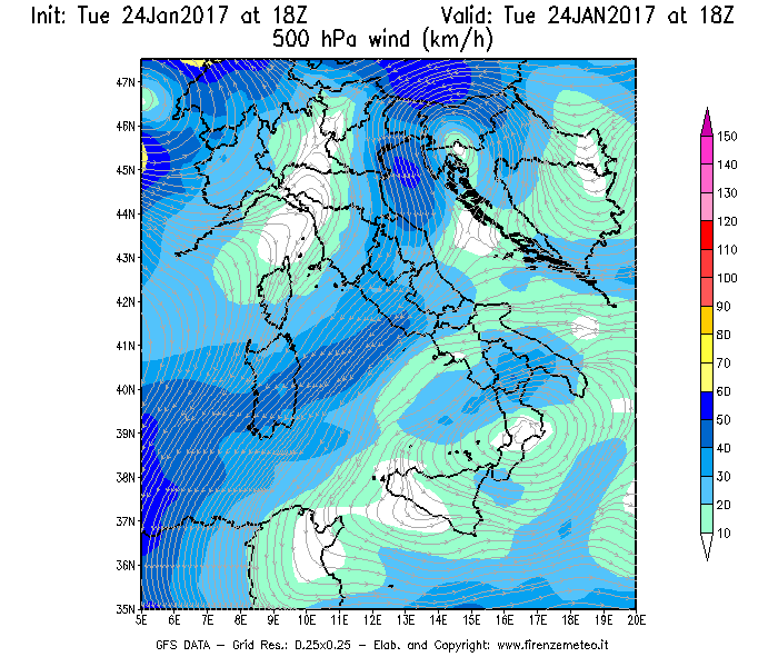 Mappa di analisi GFS - Velocità del vento a 500 hPa [km/h] in Italia
									del 24/01/2017 18 <!--googleoff: index-->UTC<!--googleon: index-->