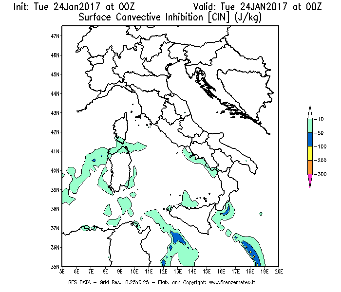 Mappa di analisi GFS - CIN [J/kg] in Italia
									del 24/01/2017 00 <!--googleoff: index-->UTC<!--googleon: index-->