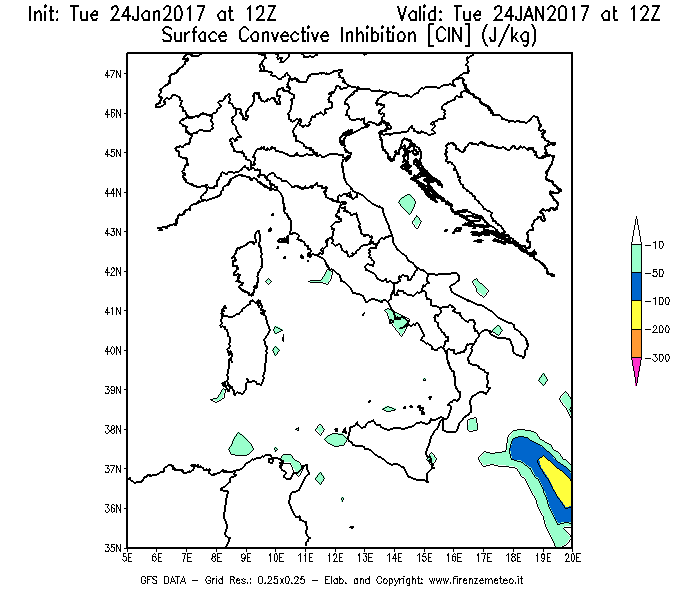 Mappa di analisi GFS - CIN [J/kg] in Italia
							del 24/01/2017 12 <!--googleoff: index-->UTC<!--googleon: index-->