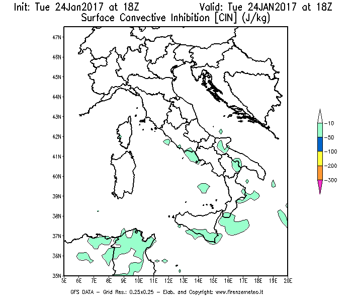 Mappa di analisi GFS - CIN [J/kg] in Italia
							del 24/01/2017 18 <!--googleoff: index-->UTC<!--googleon: index-->