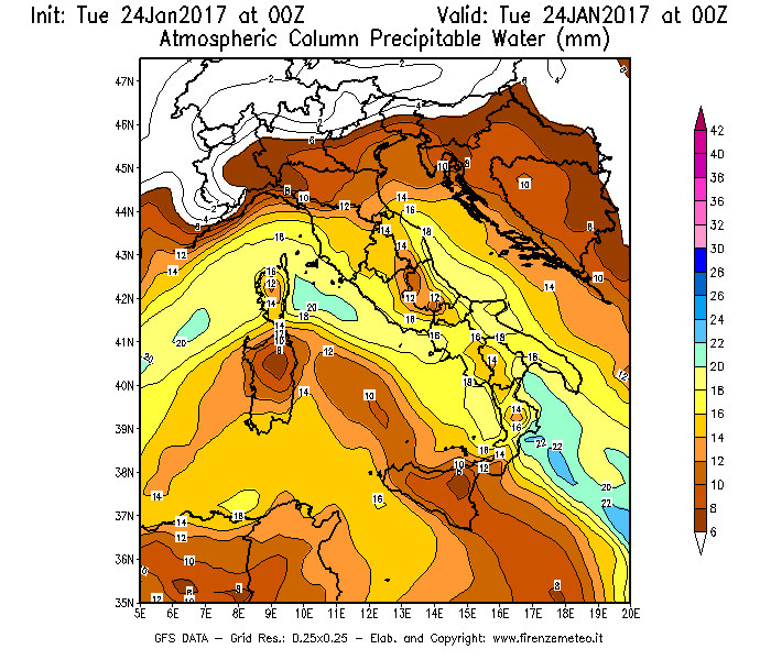 Mappa di analisi GFS - Precipitable Water [mm] in Italia
									del 24/01/2017 00 <!--googleoff: index-->UTC<!--googleon: index-->
