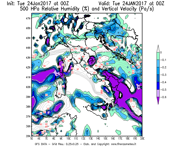 Mappa di analisi GFS - Umidità relativa [%] e Omega [Pa/s] a 500 hPa in Italia
									del 24/01/2017 00 <!--googleoff: index-->UTC<!--googleon: index-->