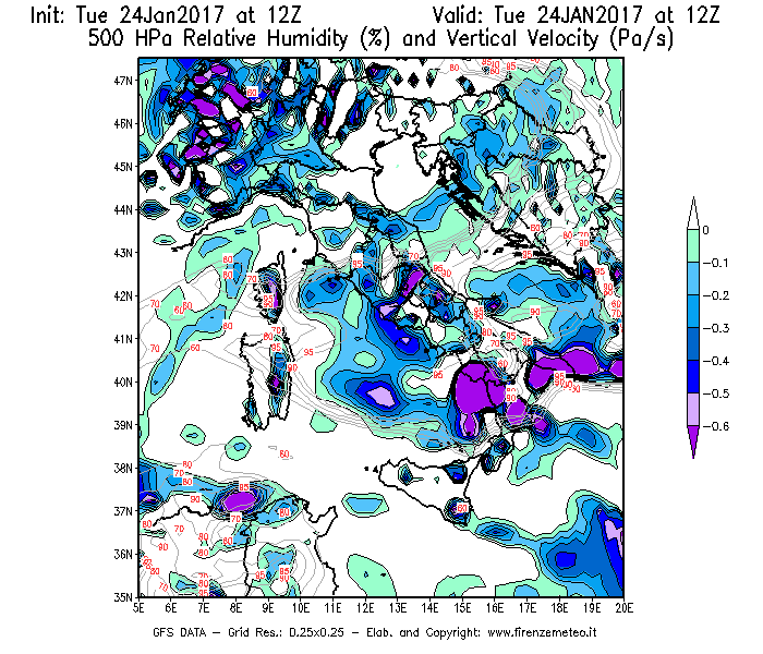 Mappa di analisi GFS - Umidità relativa [%] e Omega [Pa/s] a 500 hPa in Italia
							del 24/01/2017 12 <!--googleoff: index-->UTC<!--googleon: index-->