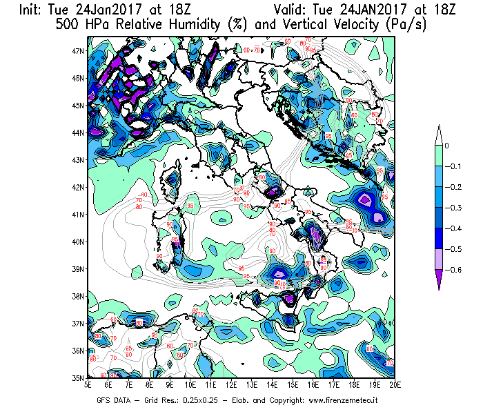 Mappa di analisi GFS - Umidità relativa [%] e Omega [Pa/s] a 500 hPa in Italia
									del 24/01/2017 18 <!--googleoff: index-->UTC<!--googleon: index-->