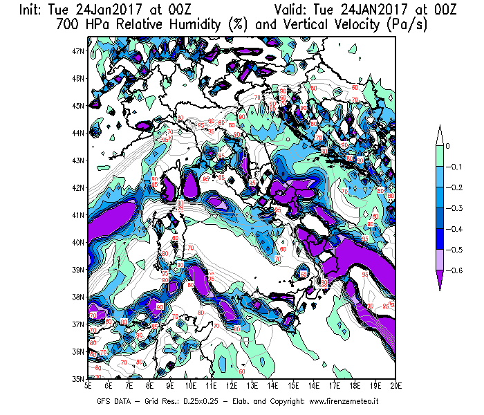 Mappa di analisi GFS - Umidità relativa [%] e Omega [Pa/s] a 700 hPa in Italia
									del 24/01/2017 00 <!--googleoff: index-->UTC<!--googleon: index-->