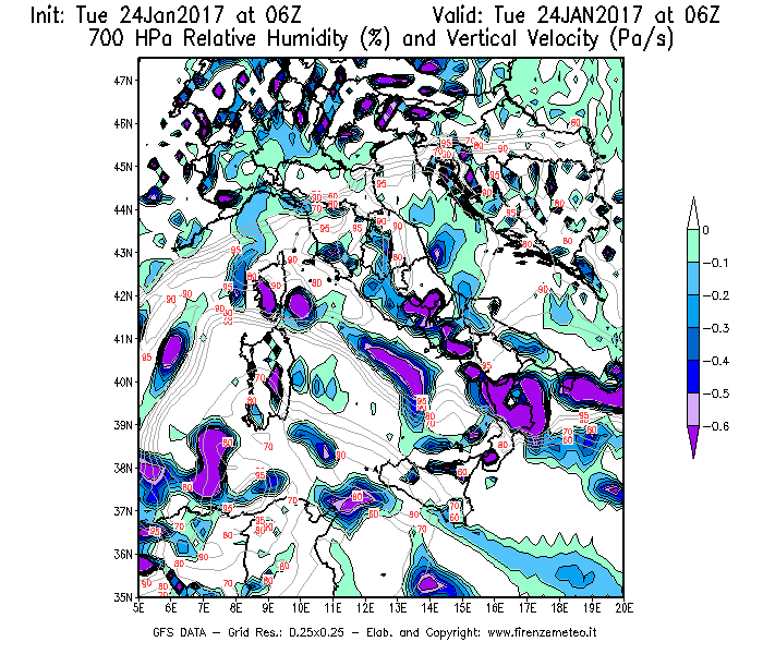 Mappa di analisi GFS - Umidità relativa [%] e Omega [Pa/s] a 700 hPa in Italia
									del 24/01/2017 06 <!--googleoff: index-->UTC<!--googleon: index-->