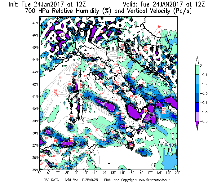 Mappa di analisi GFS - Umidità relativa [%] e Omega [Pa/s] a 700 hPa in Italia
							del 24/01/2017 12 <!--googleoff: index-->UTC<!--googleon: index-->