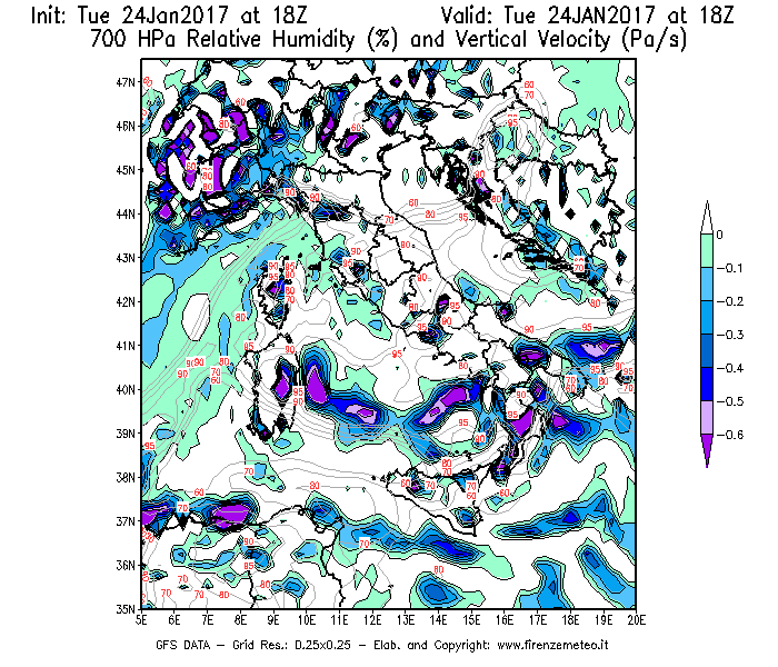 Mappa di analisi GFS - Umidità relativa [%] e Omega [Pa/s] a 700 hPa in Italia
							del 24/01/2017 18 <!--googleoff: index-->UTC<!--googleon: index-->