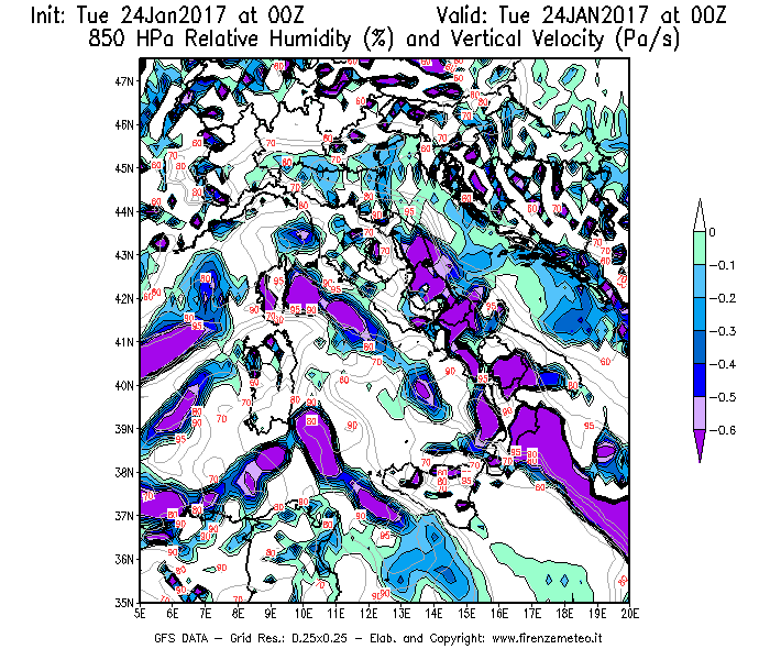 Mappa di analisi GFS - Umidità relativa [%] e Omega [Pa/s] a 850 hPa in Italia
							del 24/01/2017 00 <!--googleoff: index-->UTC<!--googleon: index-->