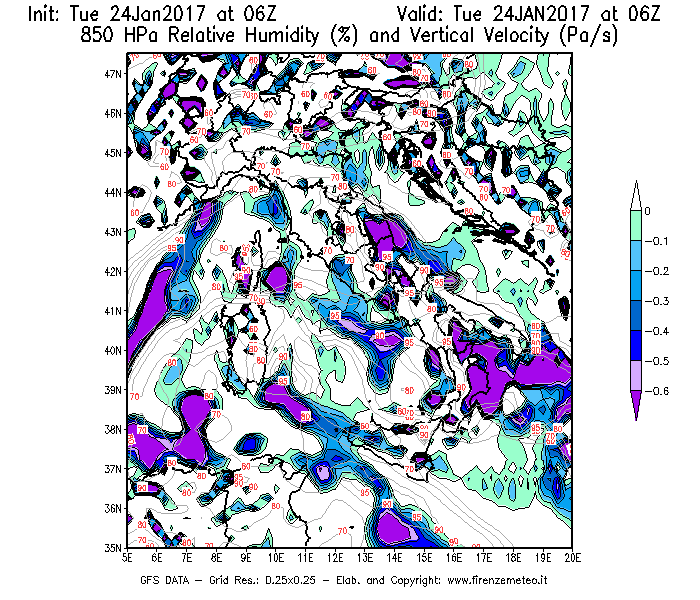 Mappa di analisi GFS - Umidità relativa [%] e Omega [Pa/s] a 850 hPa in Italia
									del 24/01/2017 06 <!--googleoff: index-->UTC<!--googleon: index-->