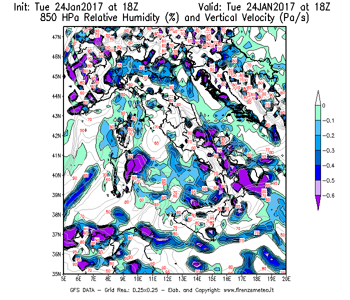 Mappa di analisi GFS - Umidità relativa [%] e Omega [Pa/s] a 850 hPa in Italia
									del 24/01/2017 18 <!--googleoff: index-->UTC<!--googleon: index-->