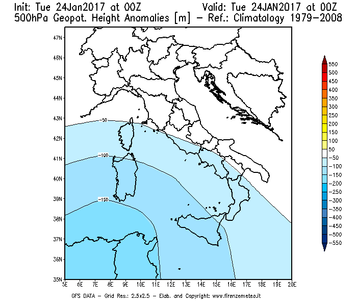 Mappa di analisi GFS - Anomalia di Geopotenziale a 500 hPa in Italia
									del 24/01/2017 00 <!--googleoff: index-->UTC<!--googleon: index-->