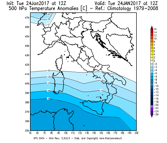 Mappa di analisi GFS - Anomalia Temperatura [°C] a 500 hPa in Italia
							del 24/01/2017 12 <!--googleoff: index-->UTC<!--googleon: index-->