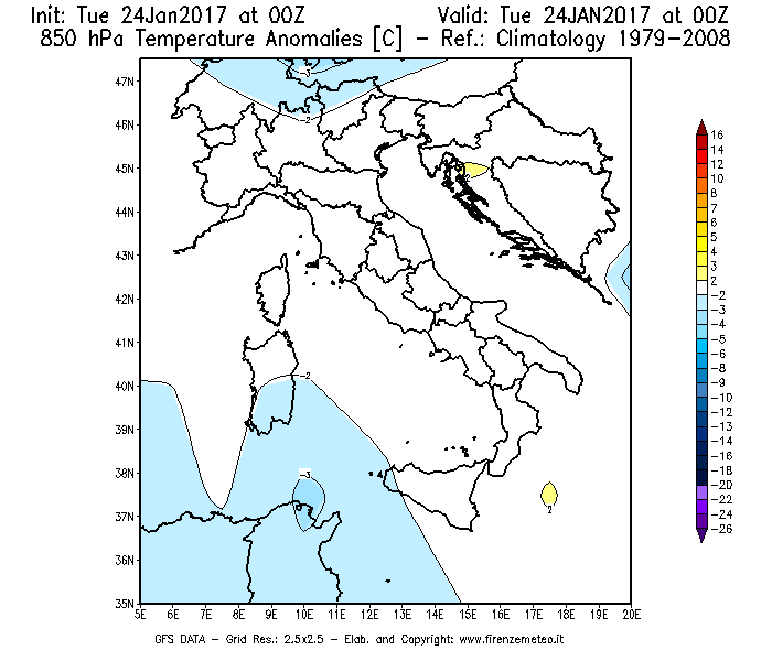 Mappa di analisi GFS - Anomalia Temperatura [°C] a 850 hPa in Italia
							del 24/01/2017 00 <!--googleoff: index-->UTC<!--googleon: index-->