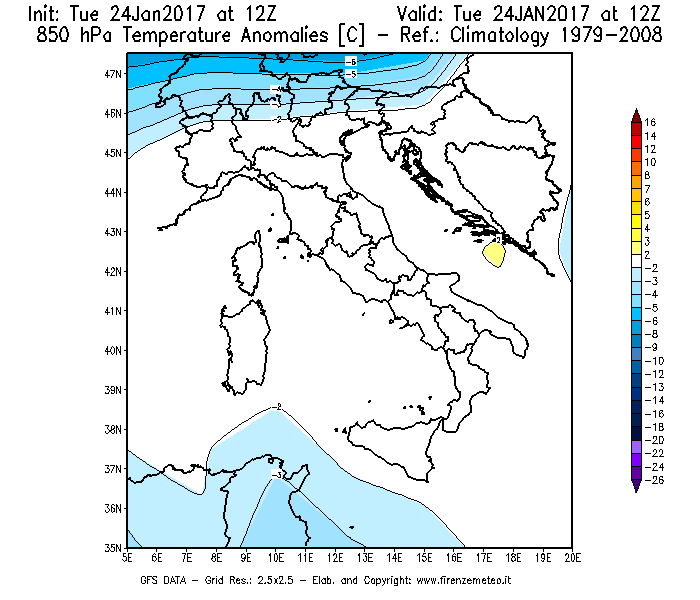 Mappa di analisi GFS - Anomalia Temperatura [°C] a 850 hPa in Italia
									del 24/01/2017 12 <!--googleoff: index-->UTC<!--googleon: index-->