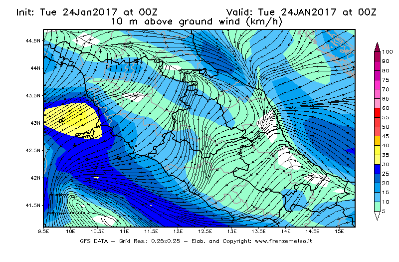 Mappa di analisi GFS - Velocità del vento a 10 metri dal suolo [km/h] in Centro-Italia
									del 24/01/2017 00 <!--googleoff: index-->UTC<!--googleon: index-->