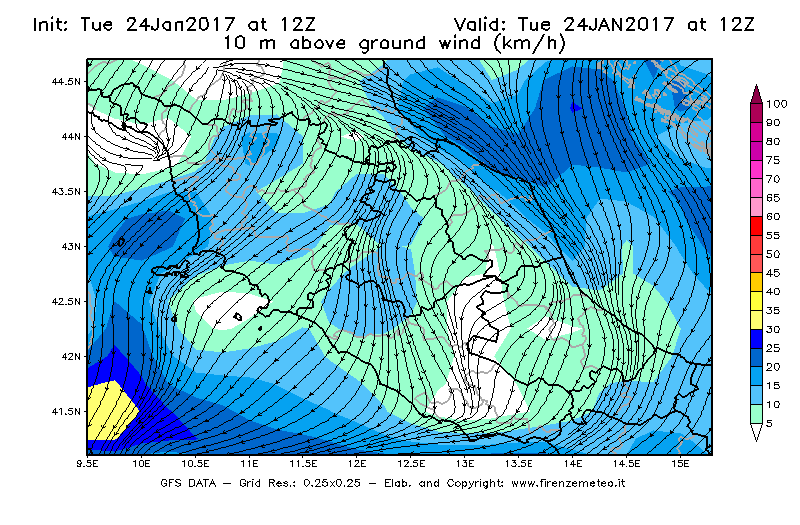 Mappa di analisi GFS - Velocità del vento a 10 metri dal suolo [km/h] in Centro-Italia
									del 24/01/2017 12 <!--googleoff: index-->UTC<!--googleon: index-->