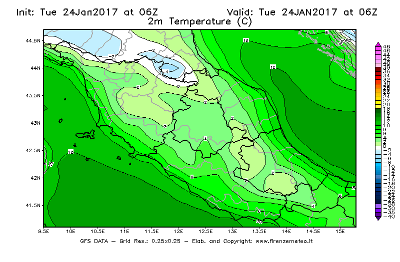 Mappa di analisi GFS - Temperatura a 2 metri dal suolo [°C] in Centro-Italia
									del 24/01/2017 06 <!--googleoff: index-->UTC<!--googleon: index-->