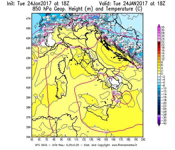 Mappa di analisi GFS - Geopotenziale [m] e Temperatura [°C] a 850 hPa in Italia
									del 24/01/2017 18 <!--googleoff: index-->UTC<!--googleon: index-->