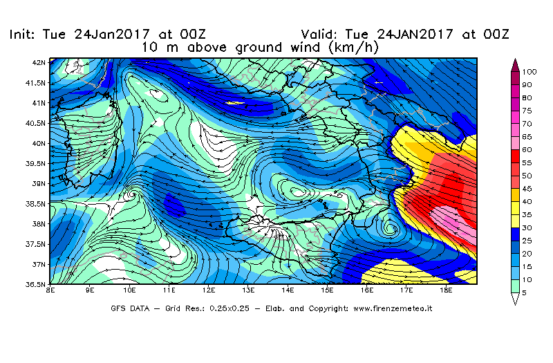 Mappa di analisi GFS - Velocità del vento a 10 metri dal suolo [km/h] in Sud-Italia
							del 24/01/2017 00 <!--googleoff: index-->UTC<!--googleon: index-->
