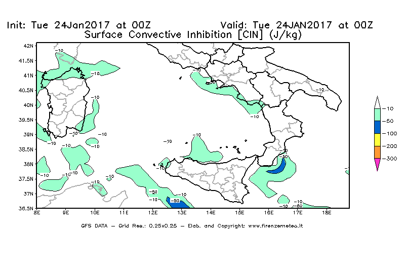 Mappa di analisi GFS - CIN [J/kg] in Sud-Italia
									del 24/01/2017 00 <!--googleoff: index-->UTC<!--googleon: index-->