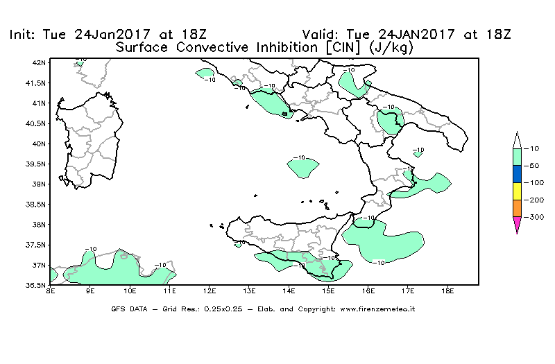 Mappa di analisi GFS - CIN [J/kg] in Sud-Italia
									del 24/01/2017 18 <!--googleoff: index-->UTC<!--googleon: index-->