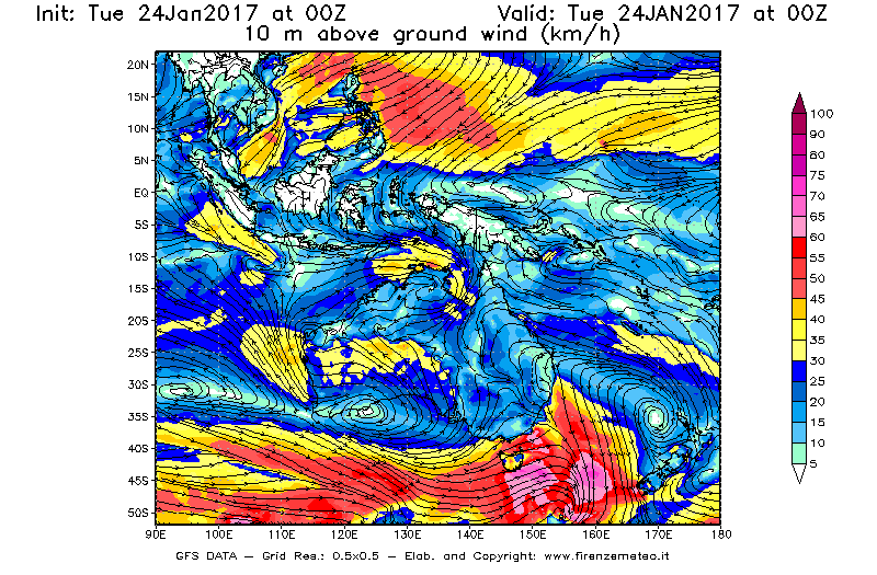 Mappa di analisi GFS - Velocità del vento a 10 metri dal suolo [km/h] in Oceania
									del 24/01/2017 00 <!--googleoff: index-->UTC<!--googleon: index-->