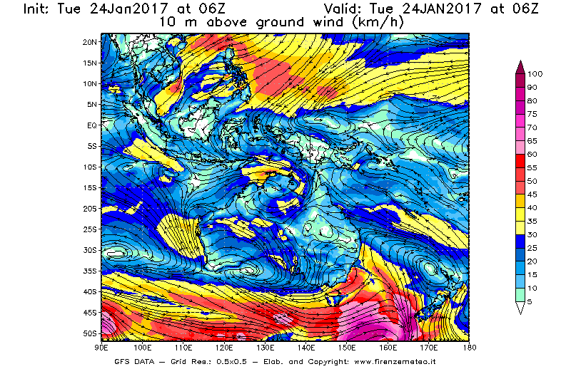 Mappa di analisi GFS - Velocità del vento a 10 metri dal suolo [km/h] in Oceania
									del 24/01/2017 06 <!--googleoff: index-->UTC<!--googleon: index-->