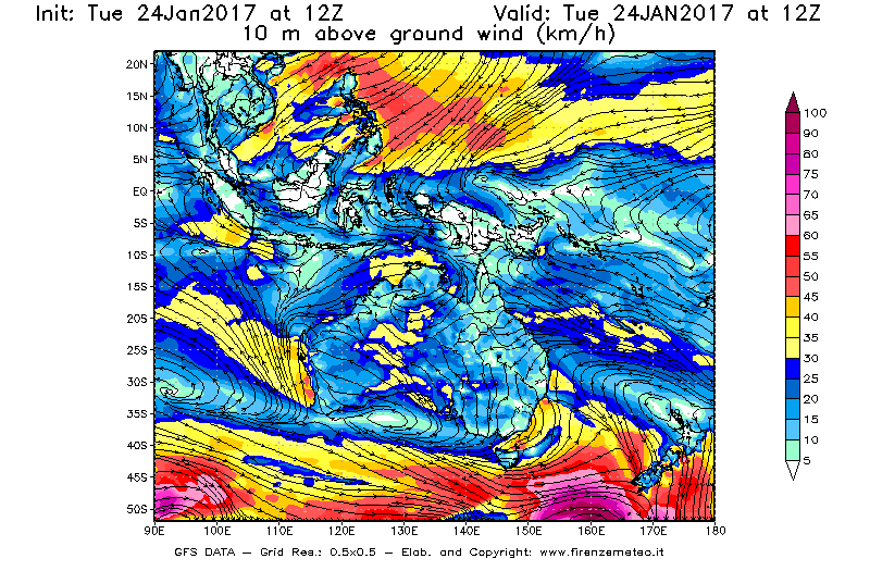 Mappa di analisi GFS - Velocità del vento a 10 metri dal suolo [km/h] in Oceania
									del 24/01/2017 12 <!--googleoff: index-->UTC<!--googleon: index-->