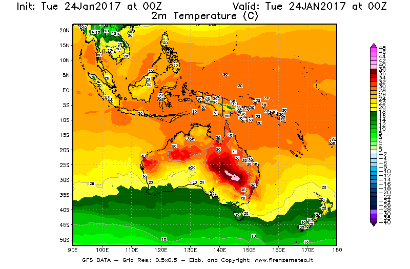 Mappa di analisi GFS - Temperatura a 2 metri dal suolo [°C] in Oceania
									del 24/01/2017 00 <!--googleoff: index-->UTC<!--googleon: index-->
