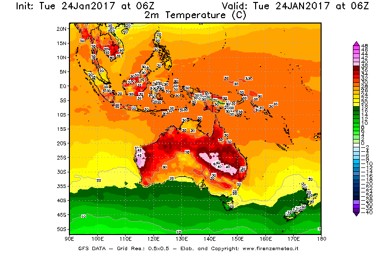 Mappa di analisi GFS - Temperatura a 2 metri dal suolo [°C] in Oceania
							del 24/01/2017 06 <!--googleoff: index-->UTC<!--googleon: index-->