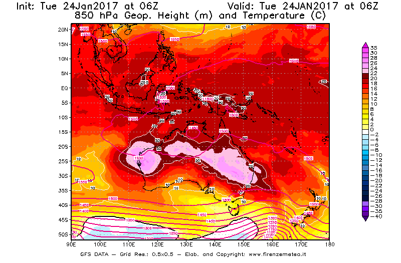 Mappa di analisi GFS - Geopotenziale [m] e Temperatura [°C] a 850 hPa in Oceania
							del 24/01/2017 06 <!--googleoff: index-->UTC<!--googleon: index-->