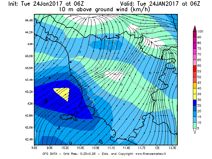 Mappa di analisi GFS - Velocità del vento a 10 metri dal suolo [km/h] in Toscana
							del 24/01/2017 06 <!--googleoff: index-->UTC<!--googleon: index-->