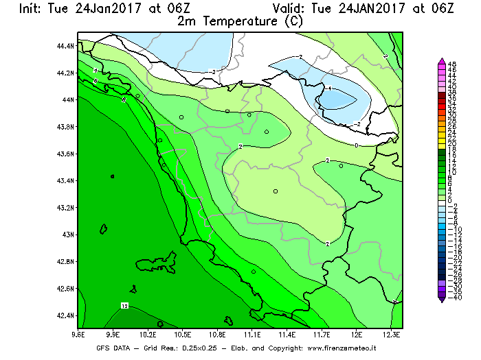 Mappa di analisi GFS - Temperatura a 2 metri dal suolo [°C] in Toscana
									del 24/01/2017 06 <!--googleoff: index-->UTC<!--googleon: index-->