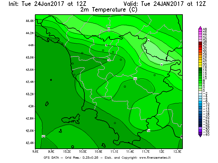 Mappa di analisi GFS - Temperatura a 2 metri dal suolo [°C] in Toscana
							del 24/01/2017 12 <!--googleoff: index-->UTC<!--googleon: index-->