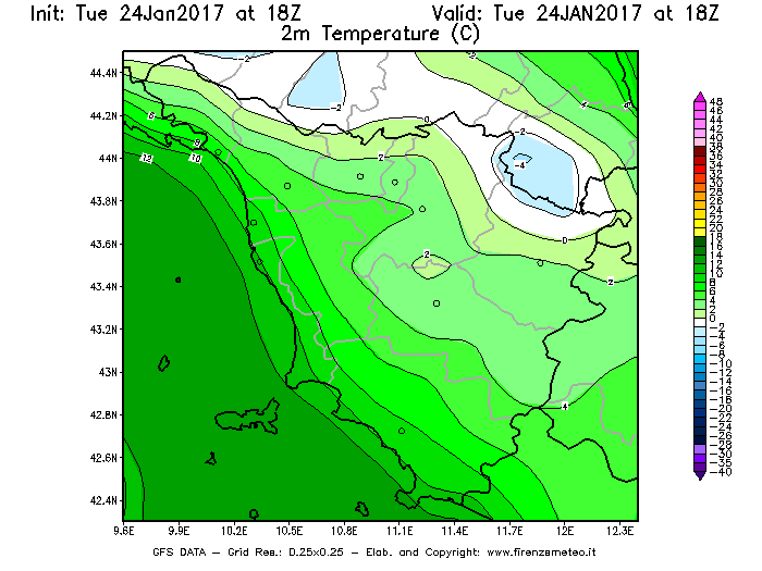 Mappa di analisi GFS - Temperatura a 2 metri dal suolo [°C] in Toscana
							del 24/01/2017 18 <!--googleoff: index-->UTC<!--googleon: index-->