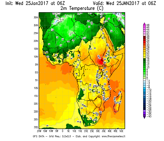 Mappa di analisi GFS - Temperatura a 2 metri dal suolo [°C] in Africa
							del 25/01/2017 06 <!--googleoff: index-->UTC<!--googleon: index-->
