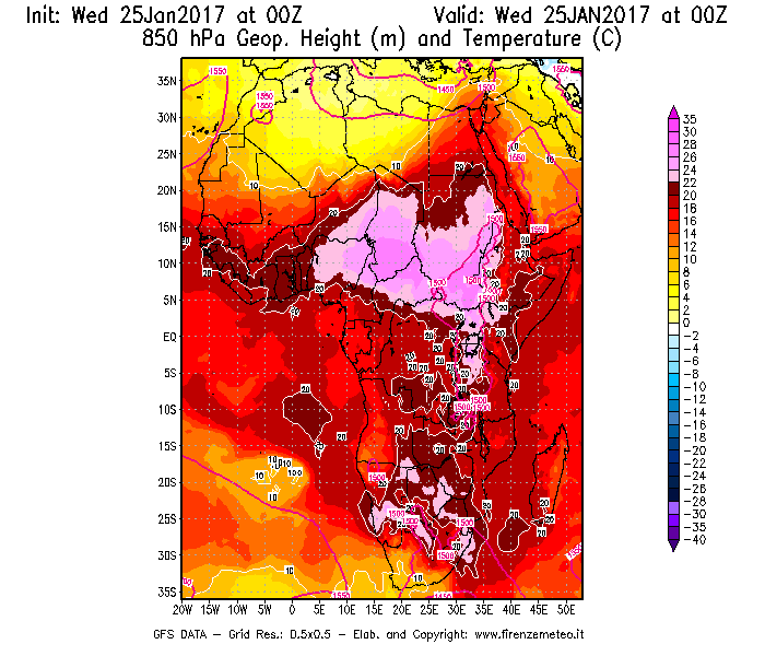 Mappa di analisi GFS - Geopotenziale [m] e Temperatura [°C] a 850 hPa in Africa
							del 25/01/2017 00 <!--googleoff: index-->UTC<!--googleon: index-->