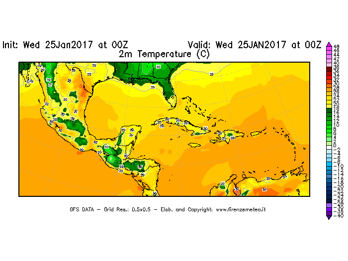 Mappa di analisi GFS - Temperatura a 2 metri dal suolo [°C] in Centro-America
							del 25/01/2017 00 <!--googleoff: index-->UTC<!--googleon: index-->