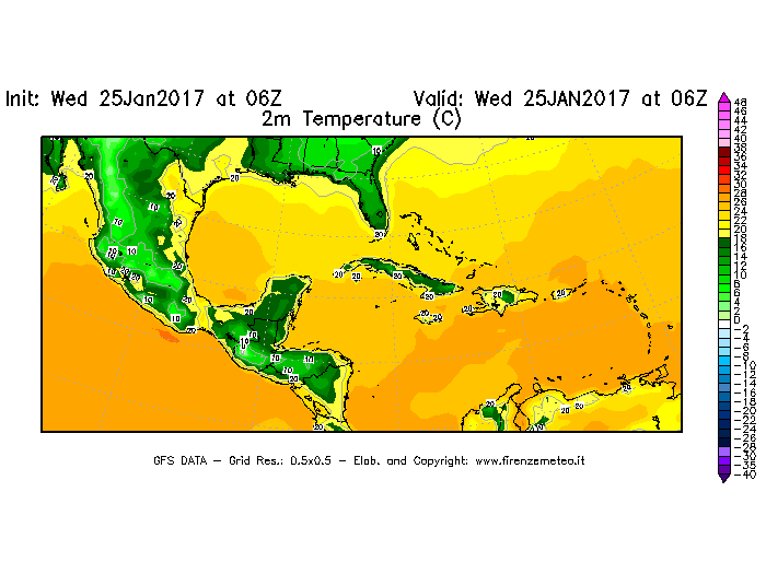 Mappa di analisi GFS - Temperatura a 2 metri dal suolo [°C] in Centro-America
							del 25/01/2017 06 <!--googleoff: index-->UTC<!--googleon: index-->